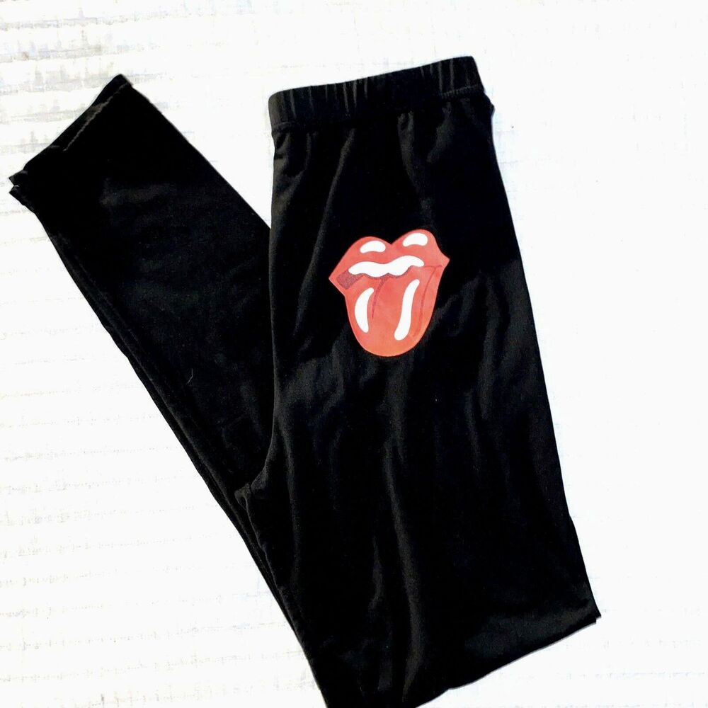 AQ SPORT WOMENS LEGGINGS BLACK ROLLING STONES LIPS XL - Picture 2 of 7